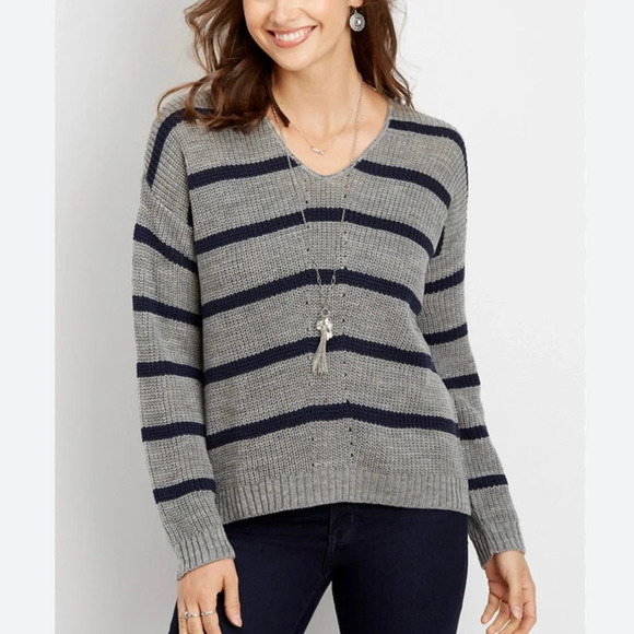 Maurices Heather Gray & Navy Blue Striped V-neck Knit Sweater Small Women’s - Picture 1 of 11